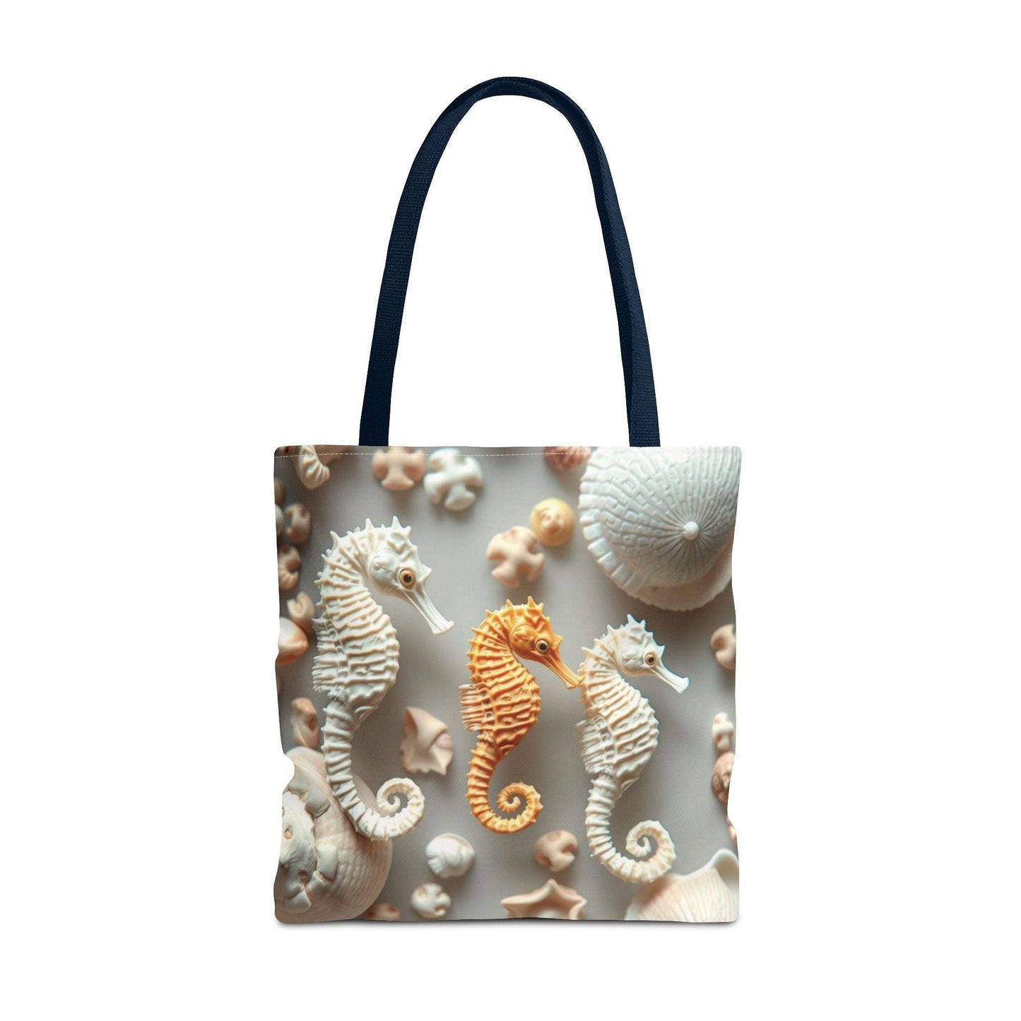 Seahorse-themed beach tote bag featuring vibrant seahorse imagery on a durable polyester fabric.
