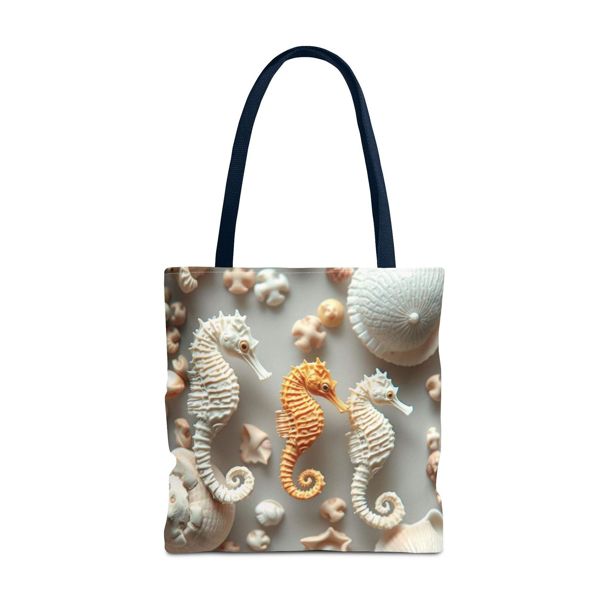 Seahorse-themed beach tote bag featuring vibrant seahorse imagery on a durable polyester fabric.