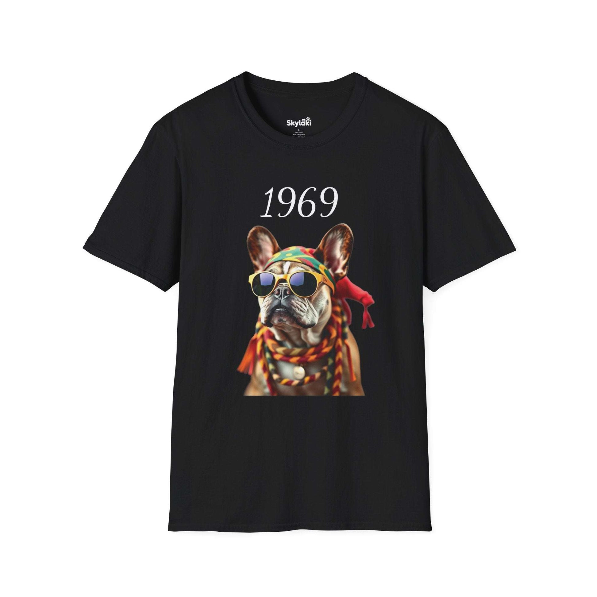 Vintage T shirt featuring 1969 retro French bulldog with sunglasses and headscarf on lightweight cotton tee