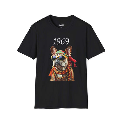 Vintage T shirt featuring 1969 retro French bulldog with sunglasses and headscarf on lightweight cotton tee