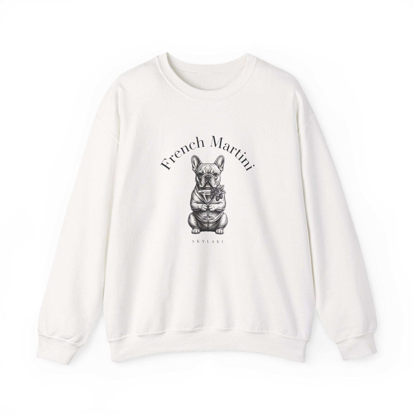 French Bulldog Martini sweatshirt with hand-drawn black-and-white design and "French Martini" script on soft, midweight crewneck
