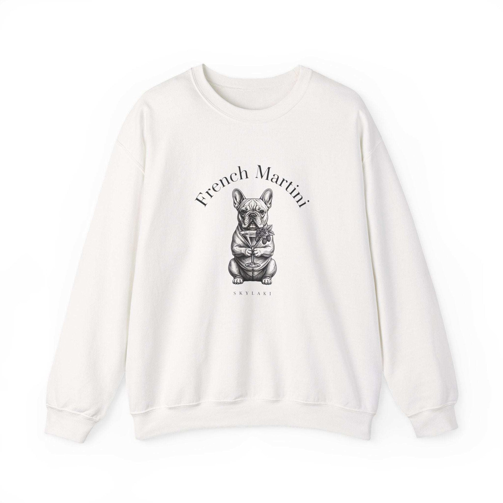 French Bulldog Martini sweatshirt with hand-drawn black-and-white design and "French Martini" script on soft, midweight crewneck