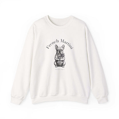 French Bulldog Martini sweatshirt with hand-drawn black-and-white design and "French Martini" script on soft, midweight crewneck