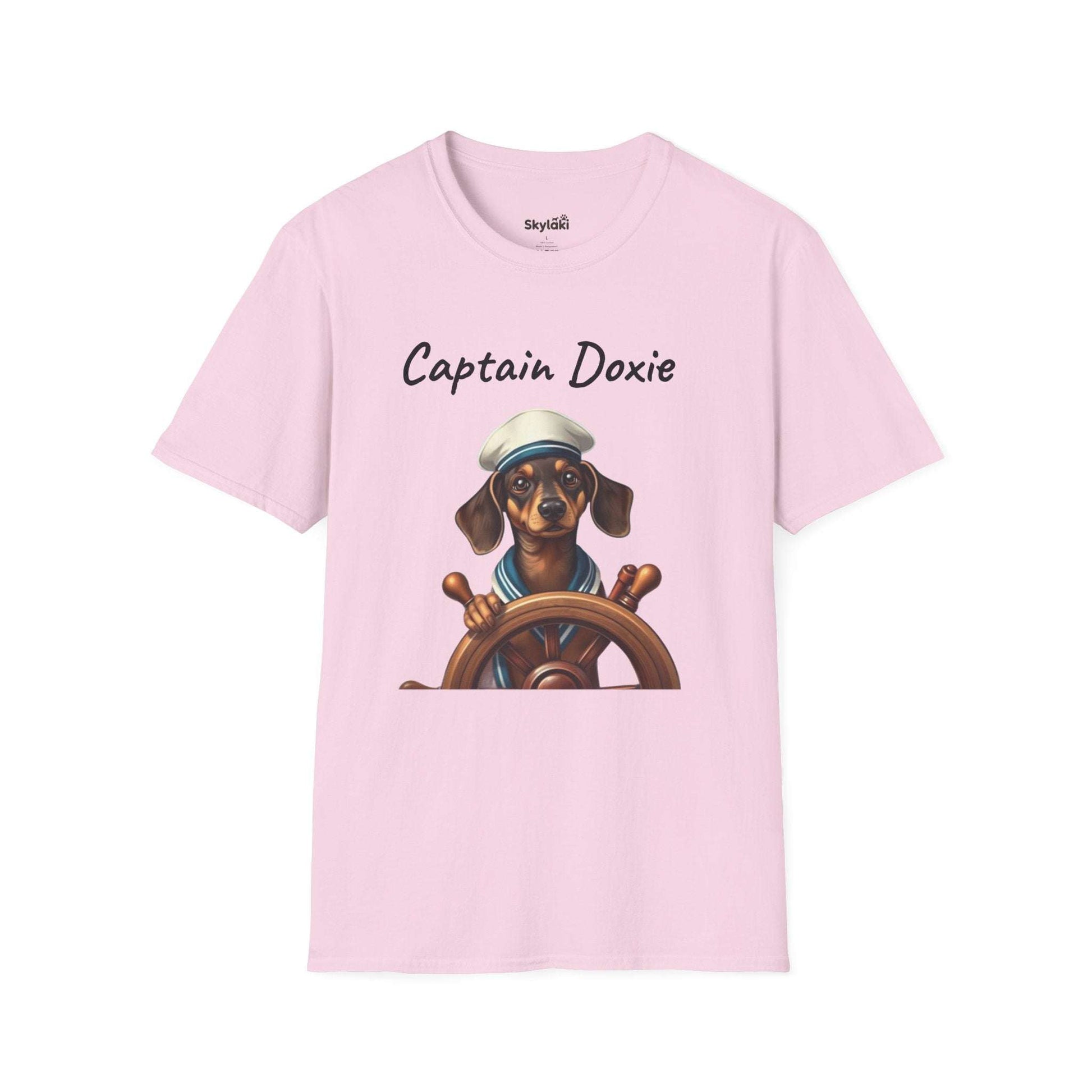 Captain Doxie Unisex Softstyle T-Shirt with Nautical Dog Design in pink.
