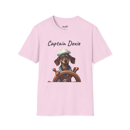 Captain Doxie Unisex Softstyle T-Shirt with Nautical Dog Design in pink.
