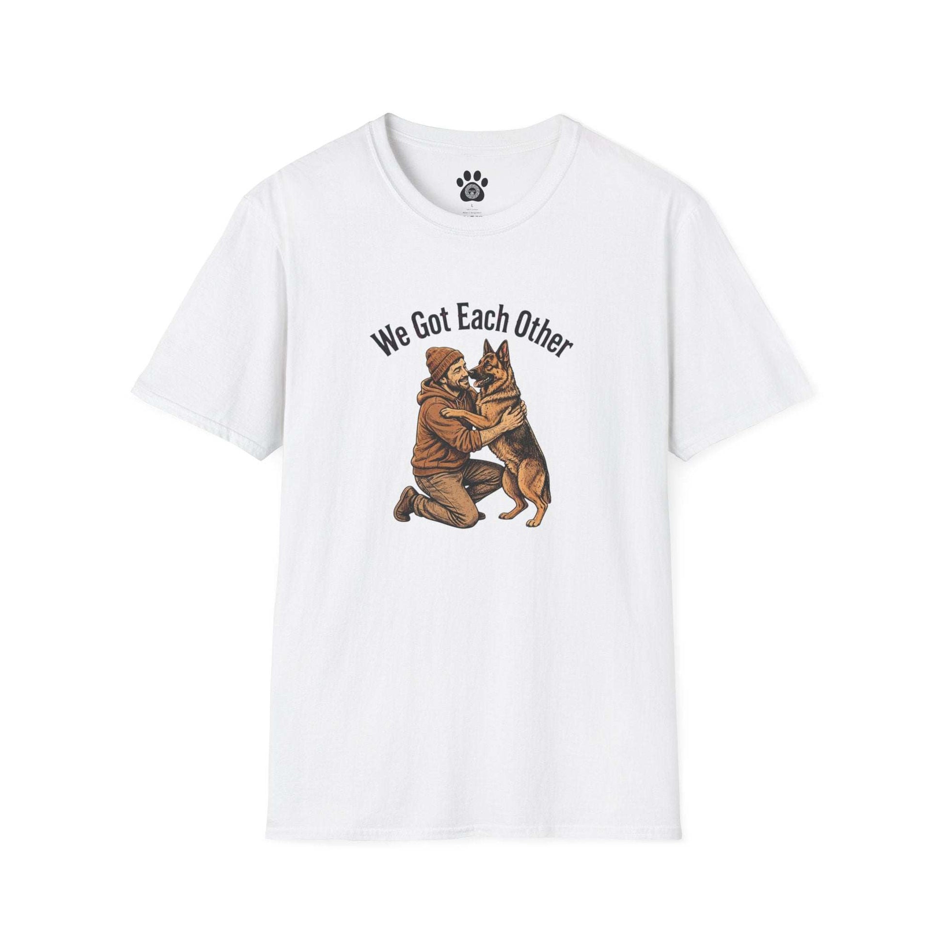 Dog Dad Shirt featuring black-and-white illustration of person embracing dog with “We Got Each Other” text on soft unisex cotton tee