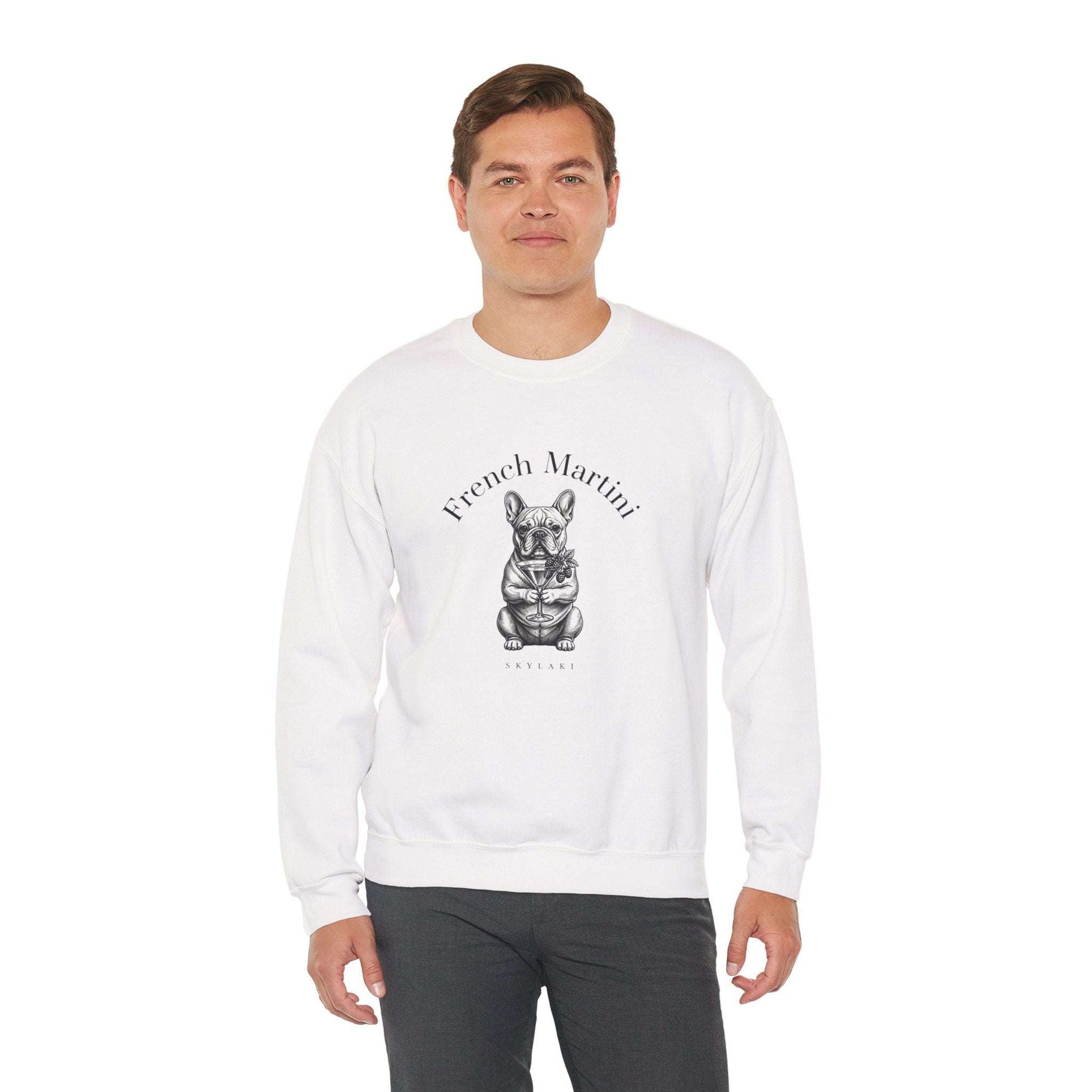 French Bulldog Martini Sweatshirt with hand-drawn black-and-white graphic and "French Martini" script on soft oversized crewneck
