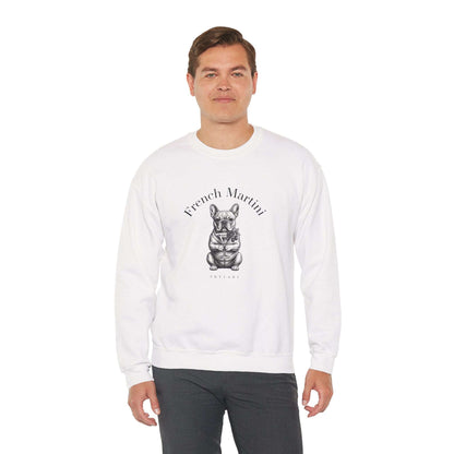 French Bulldog Martini Sweatshirt with hand-drawn black-and-white graphic and "French Martini" script on soft oversized crewneck