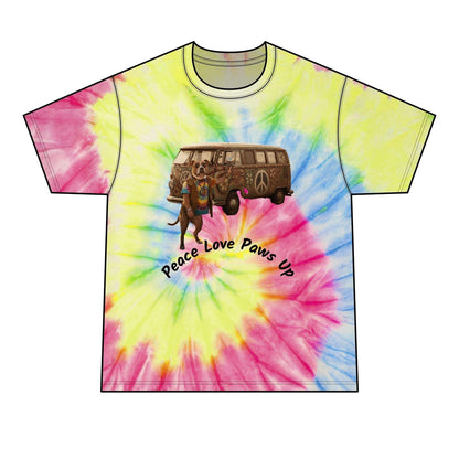 Peace Love Paws Up Tie-Dye Tee carefree vibe to everyday wear.