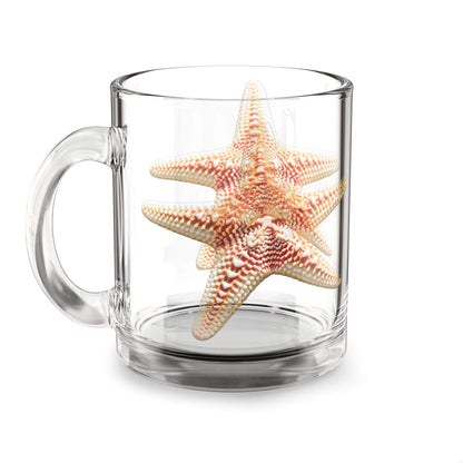 Beach-themed glass mug with starfish design, 10oz ocean-inspired drinkware.
