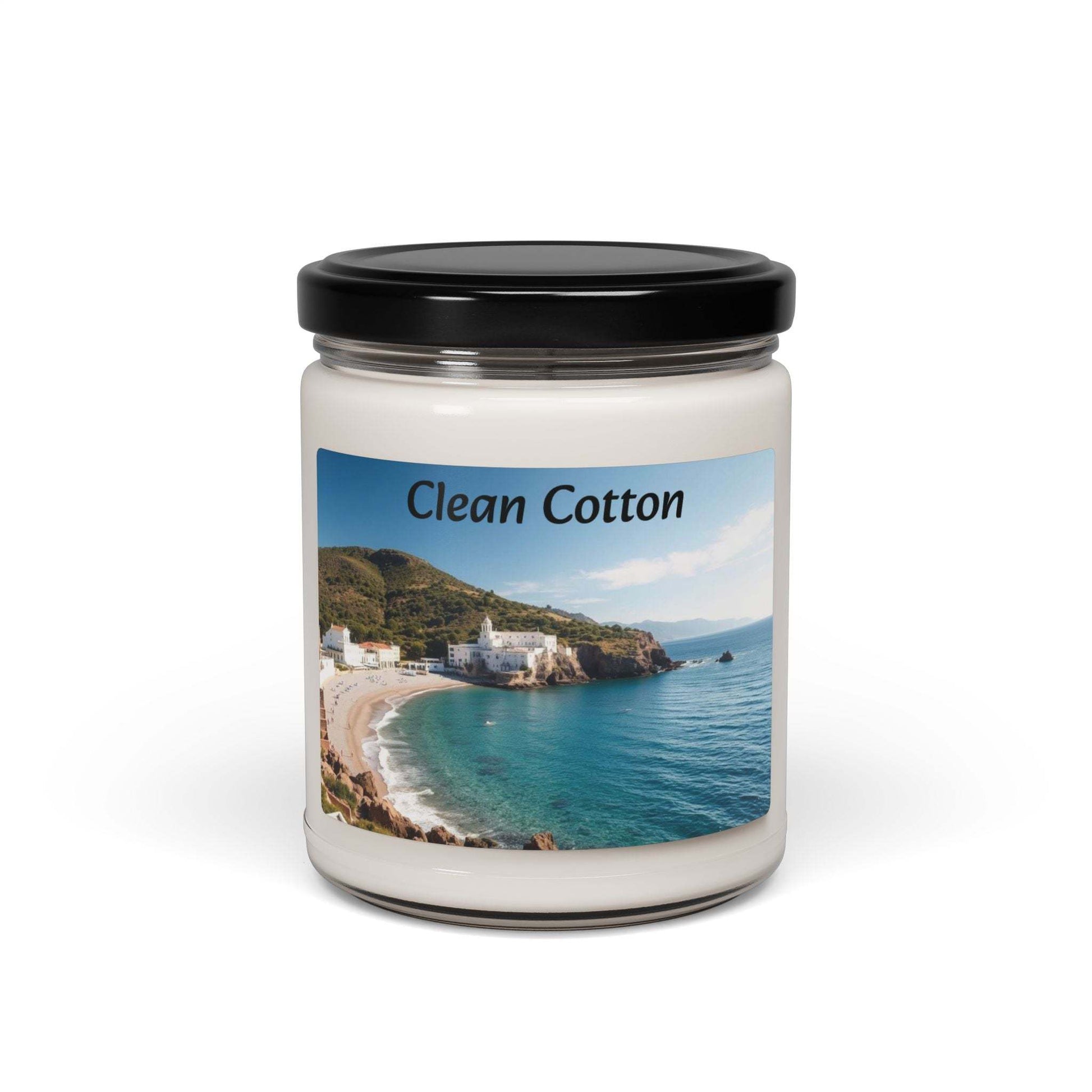 Clean Cotton scented soy candle in glass jar with ocean-themed label, 9oz.
