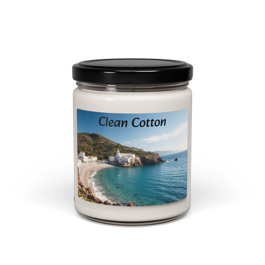 Clean Cotton scented soy candle in glass jar with ocean-themed label, 9oz.