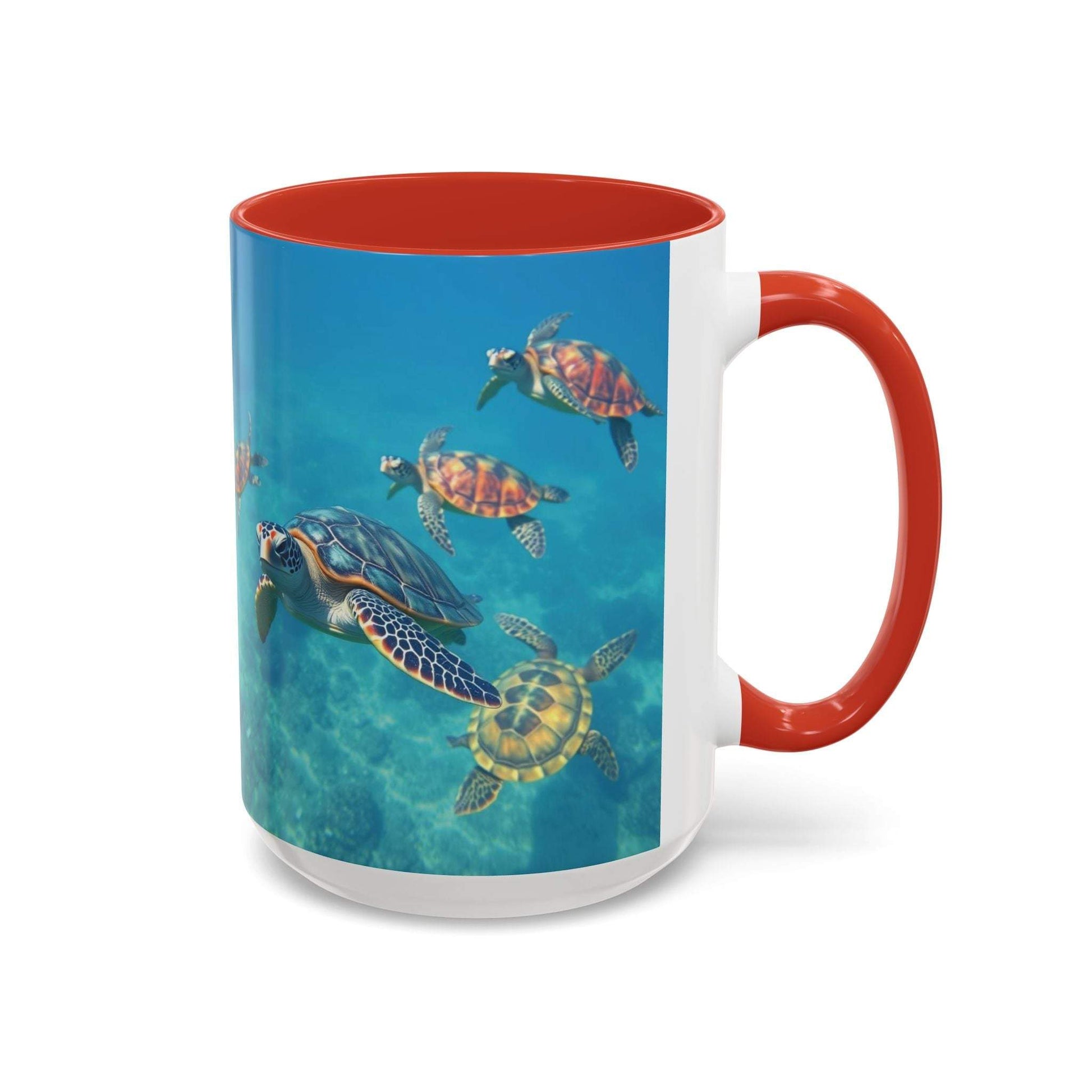 Ocean-inspired turtle accent coffee mug with vibrant designs, available in 11oz and 15oz sizes.