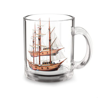 Nautical Glass Mug with Tall Ship Design, clear glass, 10oz, ergonomic handle.