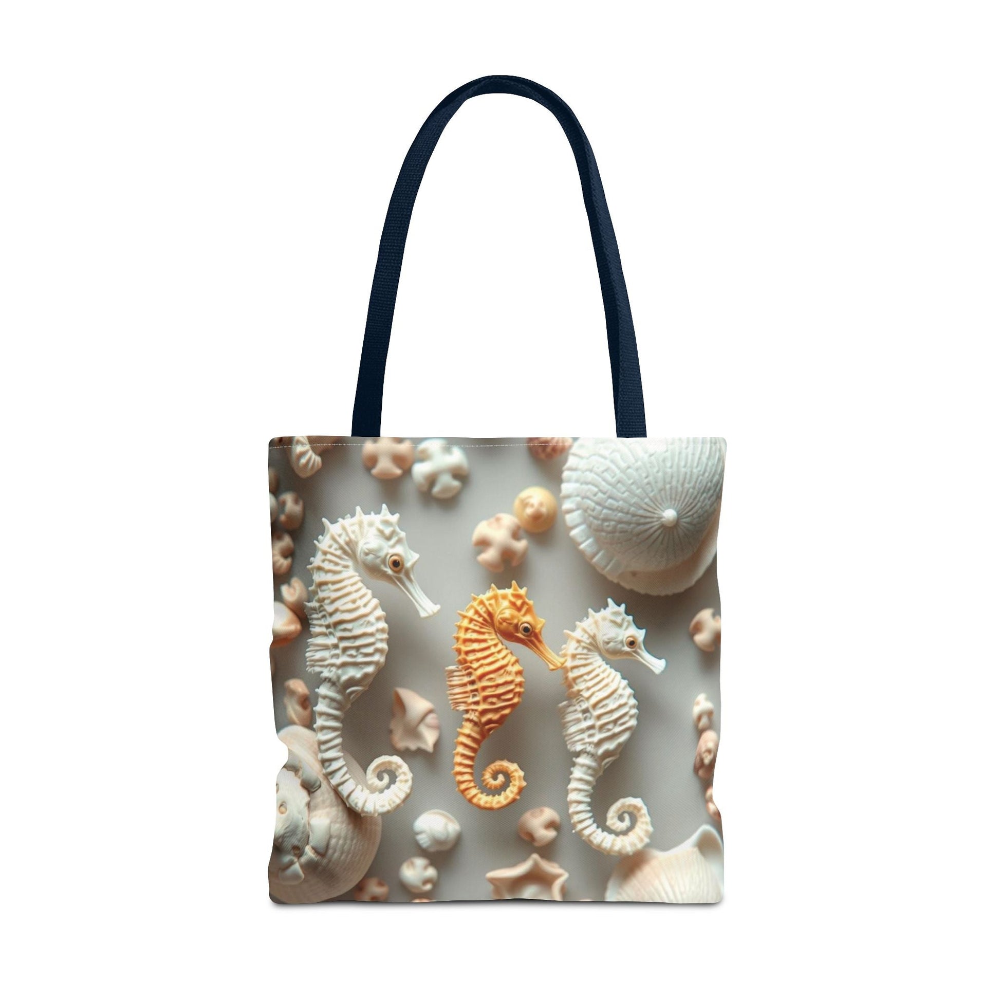 Seahorse-themed beach tote bag with artistic design and durable polyester material.