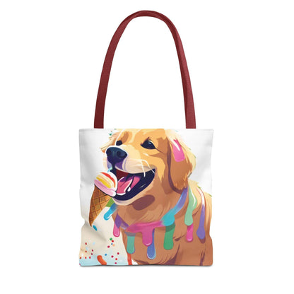 Beach Bag with Ice Cream Pooch Design featuring a playful dog enjoying ice cream, ideal for dog lovers.