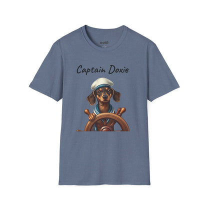 Captain Doxie Unisex Softstyle T Shirt with nautical dog design on blue fabric.