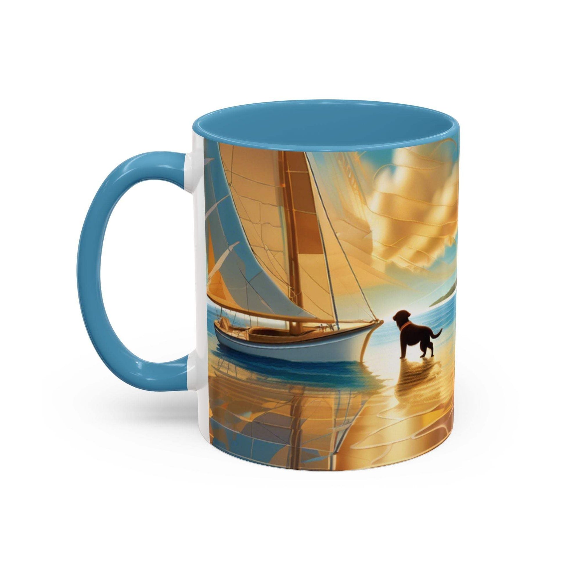 Serene Sunset Dog Lover's Coffee Mug with sailboat and dog design, available in 11oz and 15oz sizes.