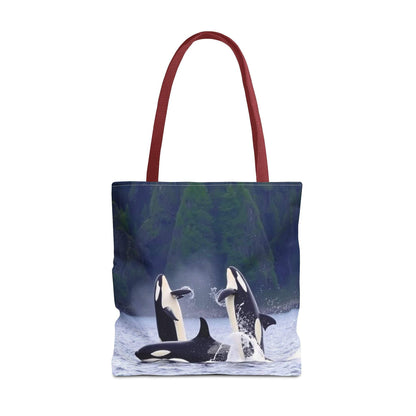 Orca whales tote bag with ocean wildlife design, eco-friendly shopping accessory.