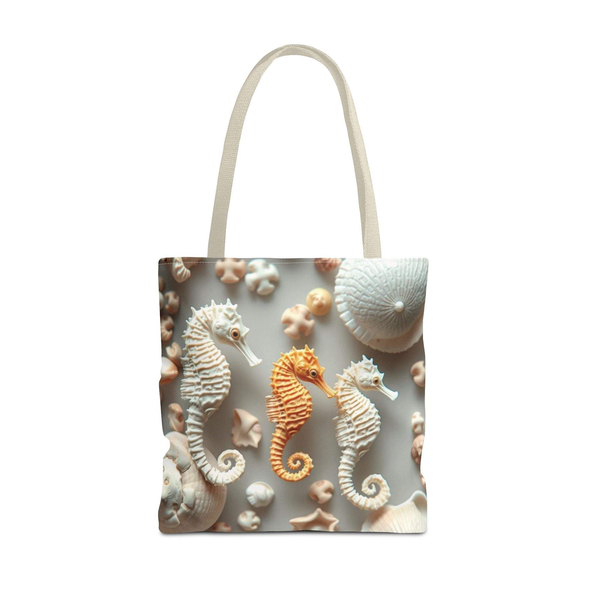 Seahorse-themed beach tote bag with vibrant seahorses design, ideal for ocean lovers.