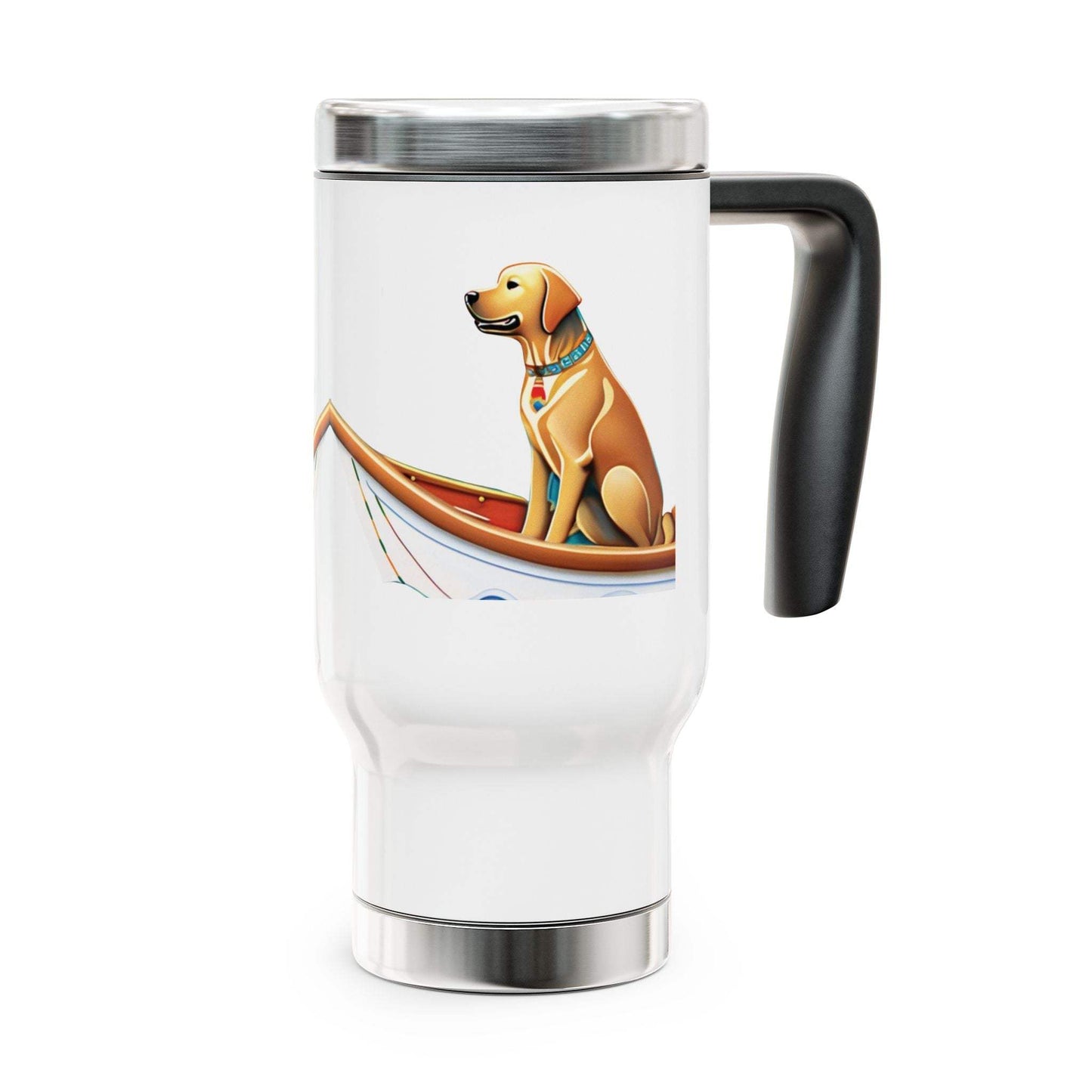 Stainless steel travel mug with handle and dog design, 14oz capacity, glossy white enamel finish.