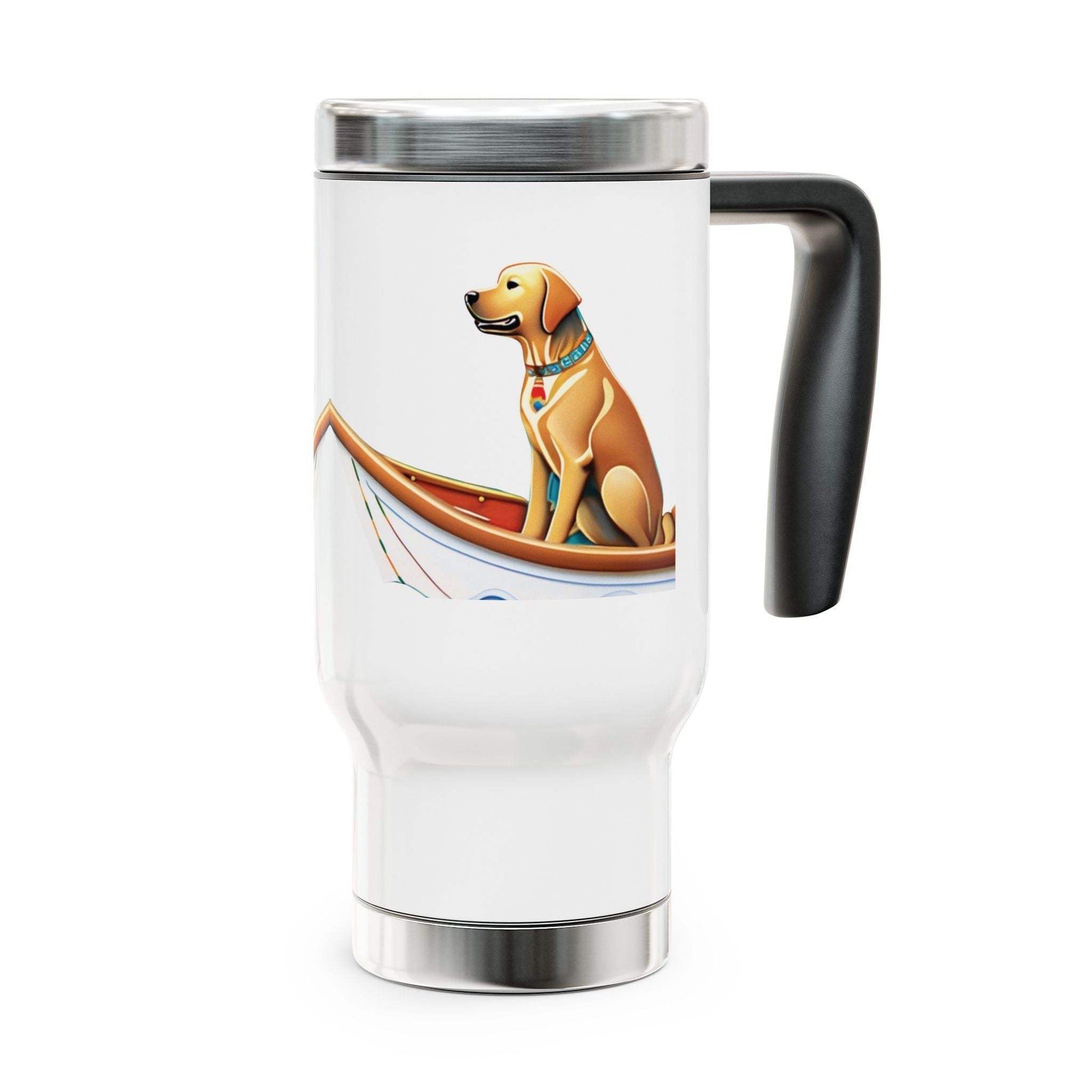 Stainless steel travel mug with handle and dog design, 14oz capacity, glossy white enamel finish.