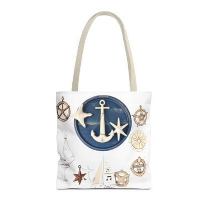 Nautical tote bag with anchor and star motif, 100% polyester, coastal-themed design.