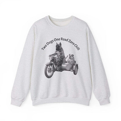 Crewneck sweatshirt with vintage motorcycle sidecar graphic and "Two Dogs One Road Zero Chill" text
