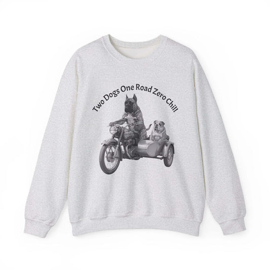 Crewneck sweatshirt with vintage motorcycle sidecar graphic and "Two Dogs One Road Zero Chill" text