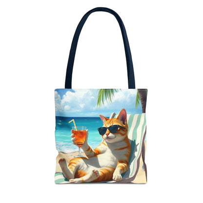 Cat tote bag with a relaxed cat sipping a drink by the beach.