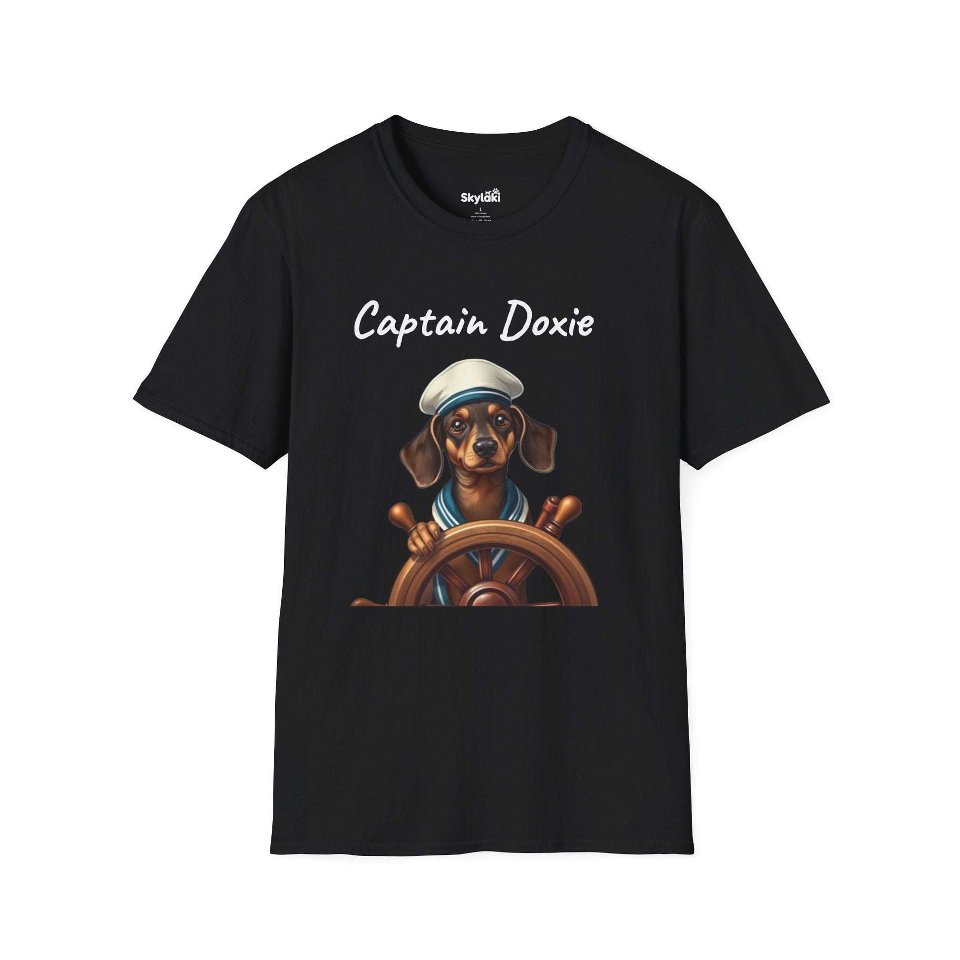 Captain Doxie Unisex Softstyle T Shirt with nautical dog design on black fabric.