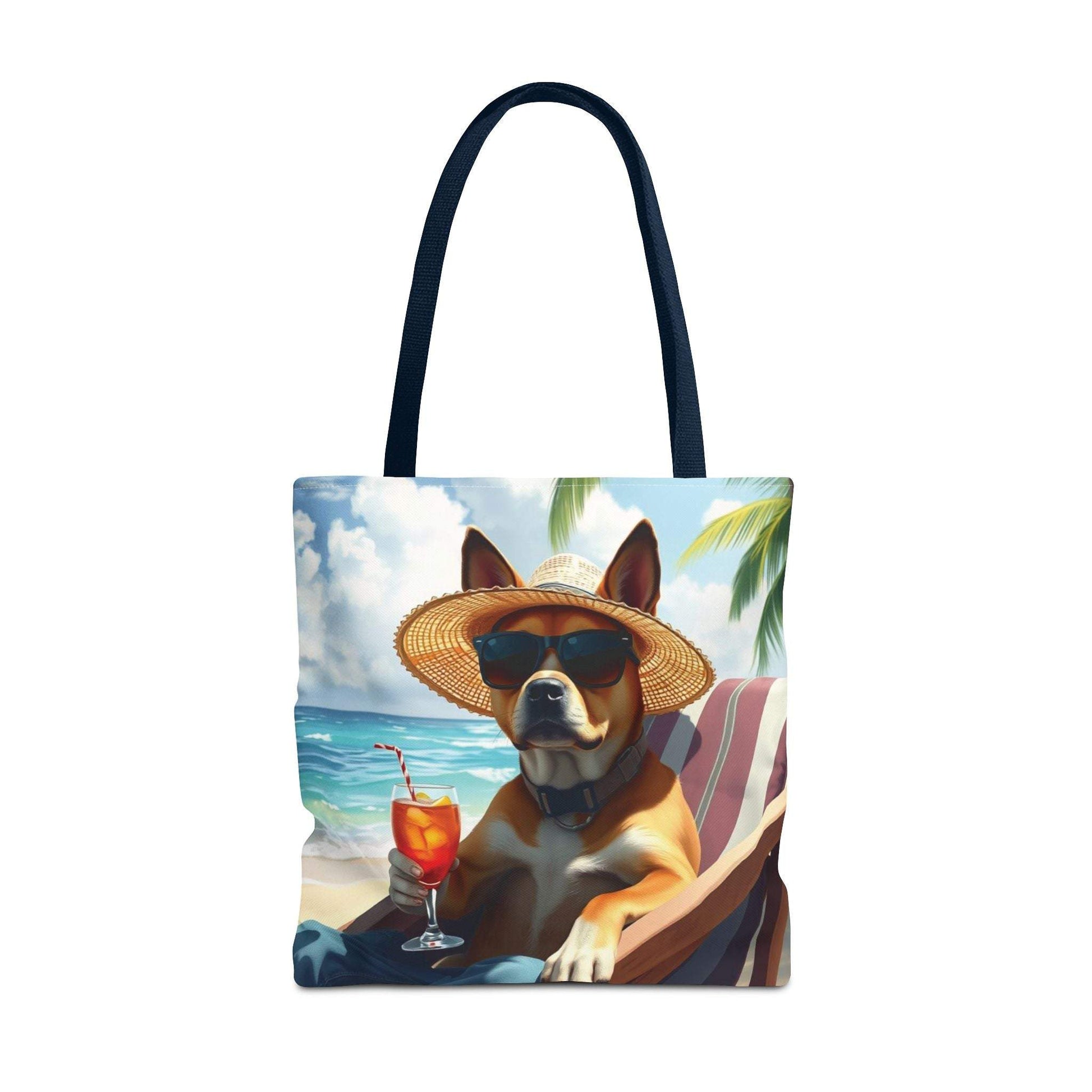 Dog tote bag with a relaxed dog sipping a drink by the beach, summer vibes.
