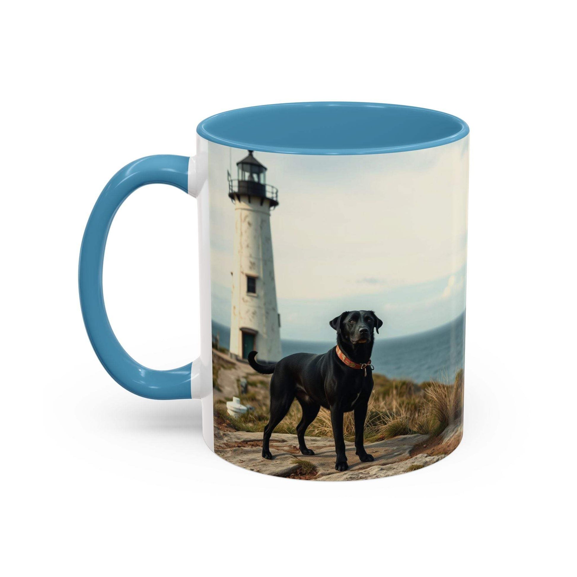 Coastal Vibe Coffee Mug with ocean-themed design featuring a dog and lighthouse; vibrant interior and handle.