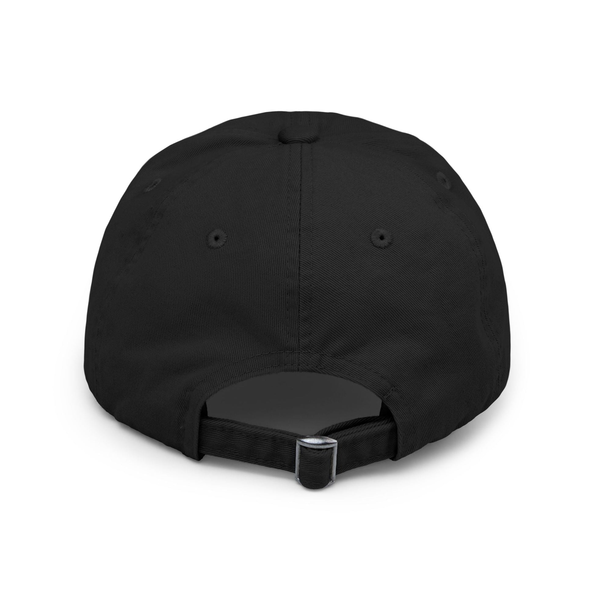 Distressed black baseball cap with adjustable strap and low profile design.