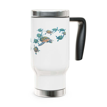 Stainless steel travel mug with handle, white enamel finish, and turtle design, 14oz.