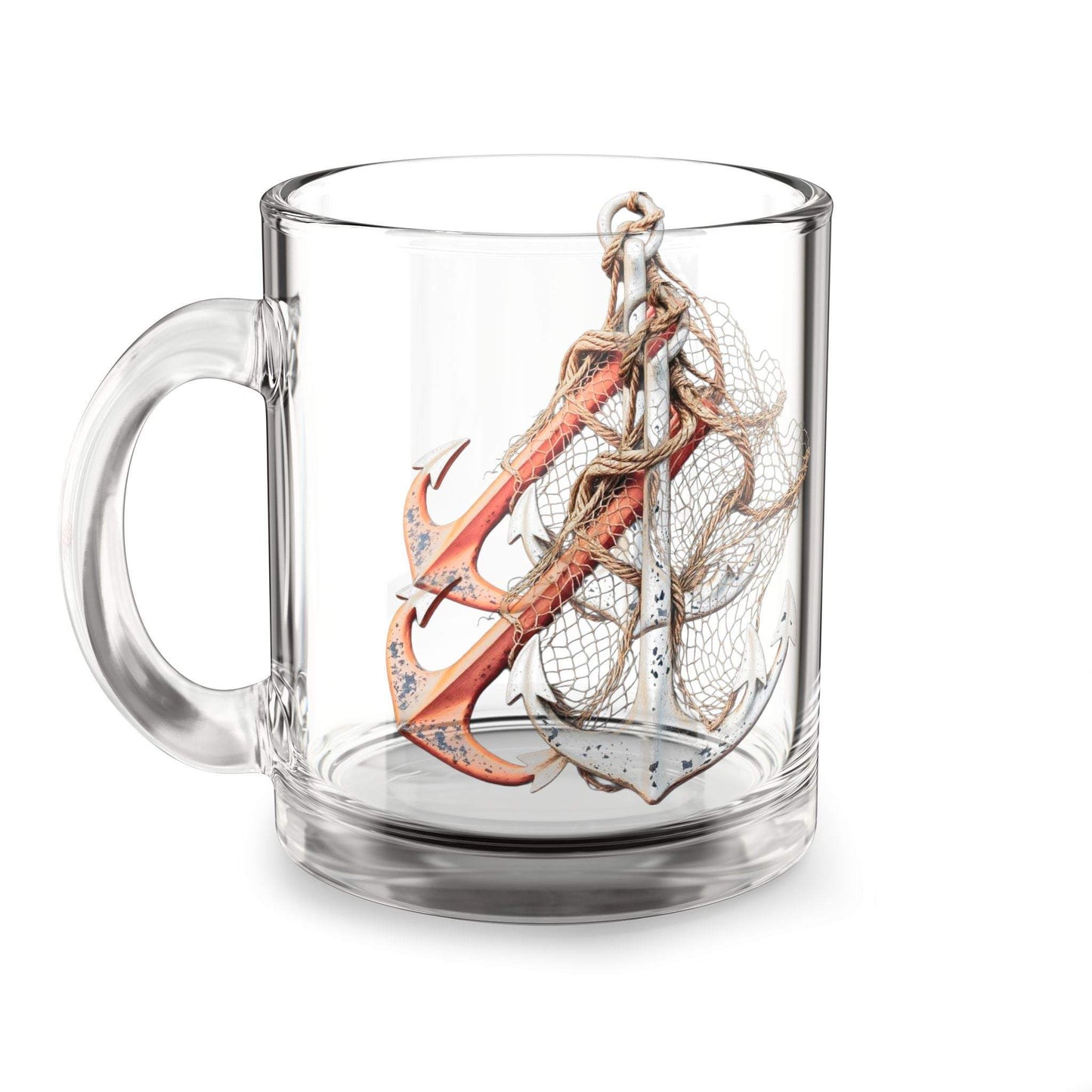 Nautical Anchor Glass Mug with C-shaped handle, 10oz coffee cup for sailors and beach lovers.