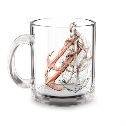 Nautical Anchor Glass Mug with C-shaped handle, 10oz coffee cup for sailors and beach lovers.