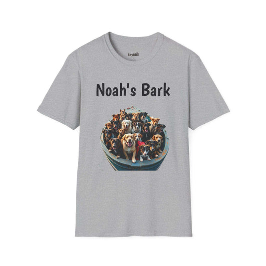 Dog Lover Unisex Softstyle T-Shirt featuring "Noah's Bark" design with playful dog illustration on gray fabric.
