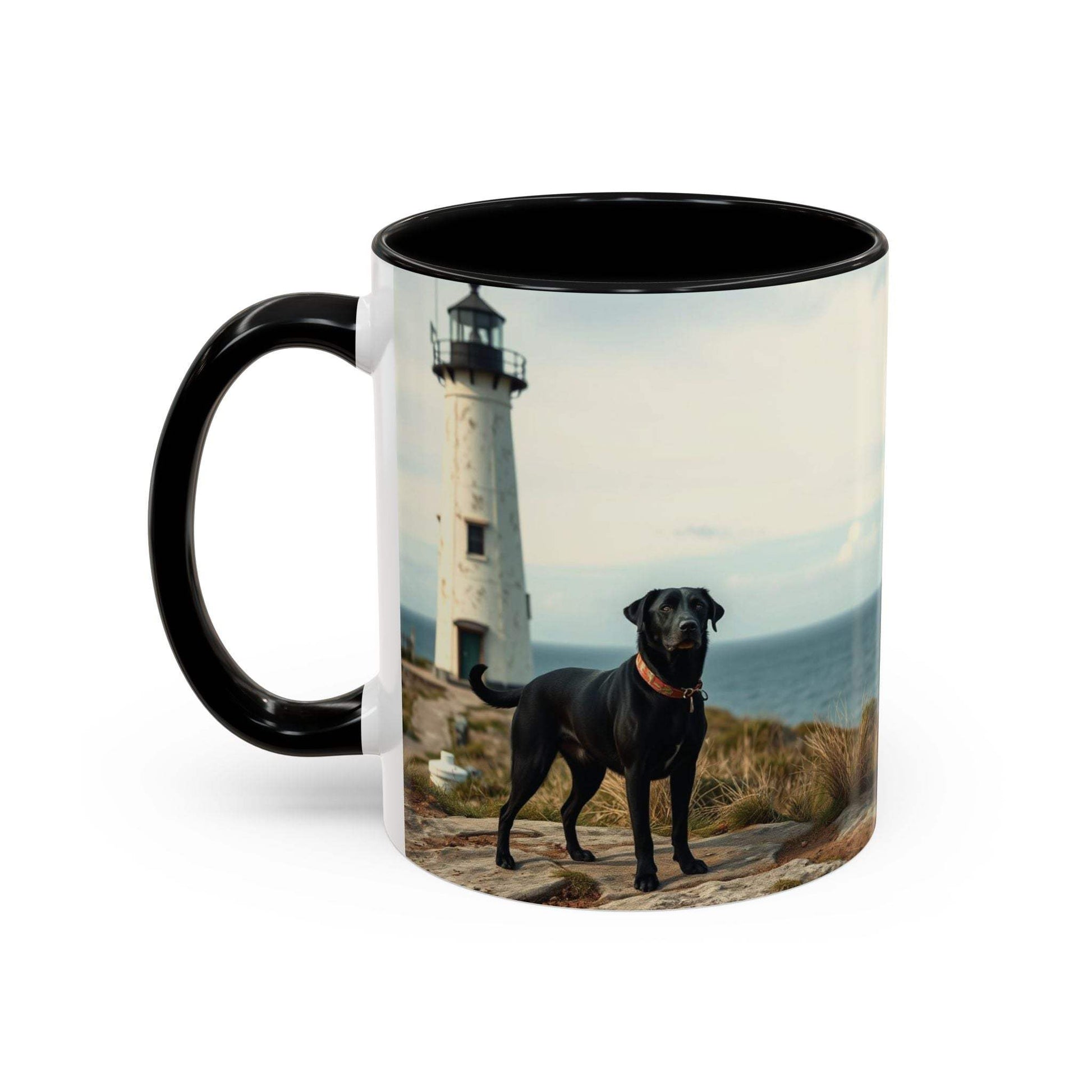 Coastal Vibe Coffee Mug with lighthouse, ocean scene, and black dog design.