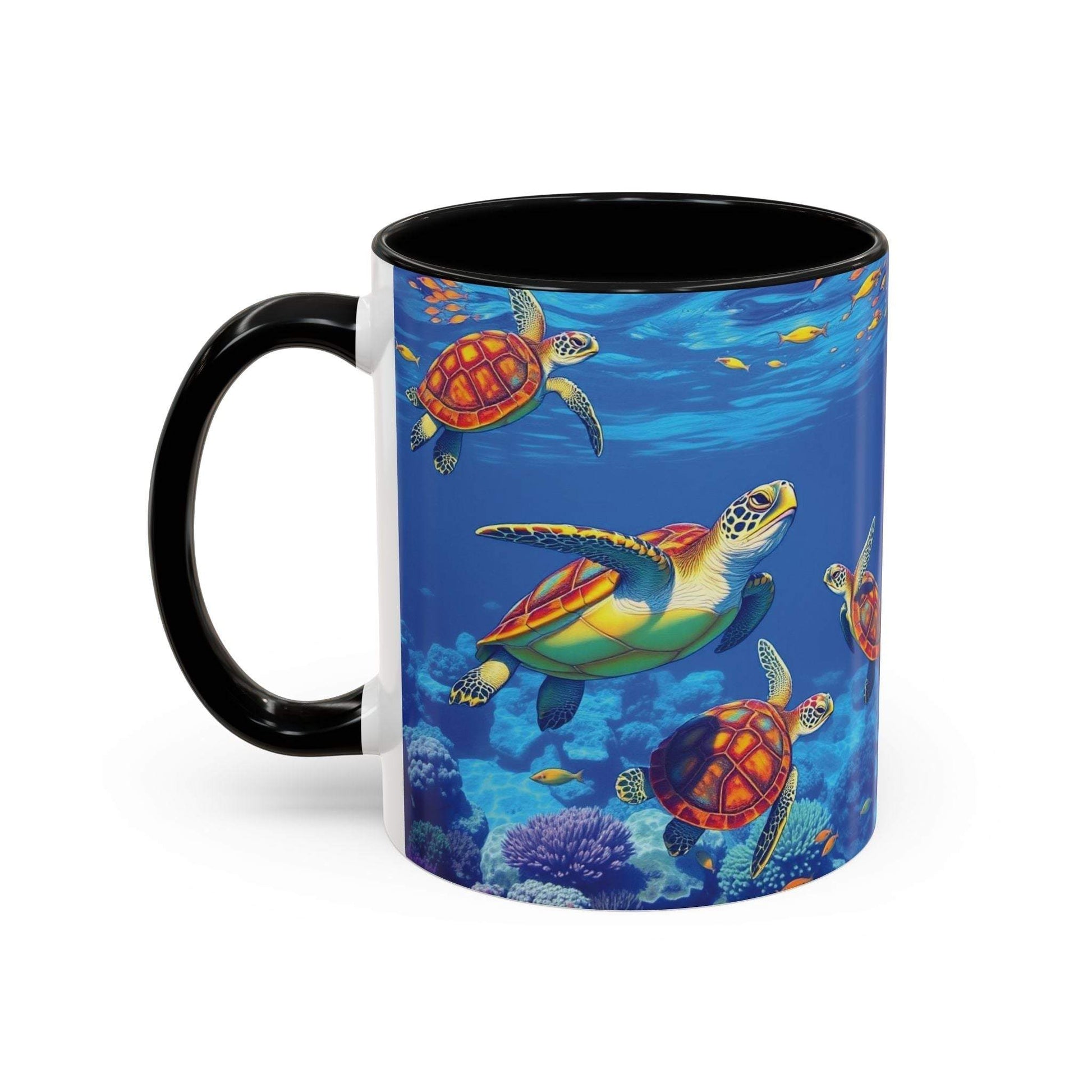 Coffee mug with colorful sea turtle design, perfect for ocean decor and nature lovers.
