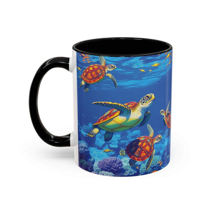 Coffee mug with colorful sea turtle design, perfect for ocean decor and nature lovers.