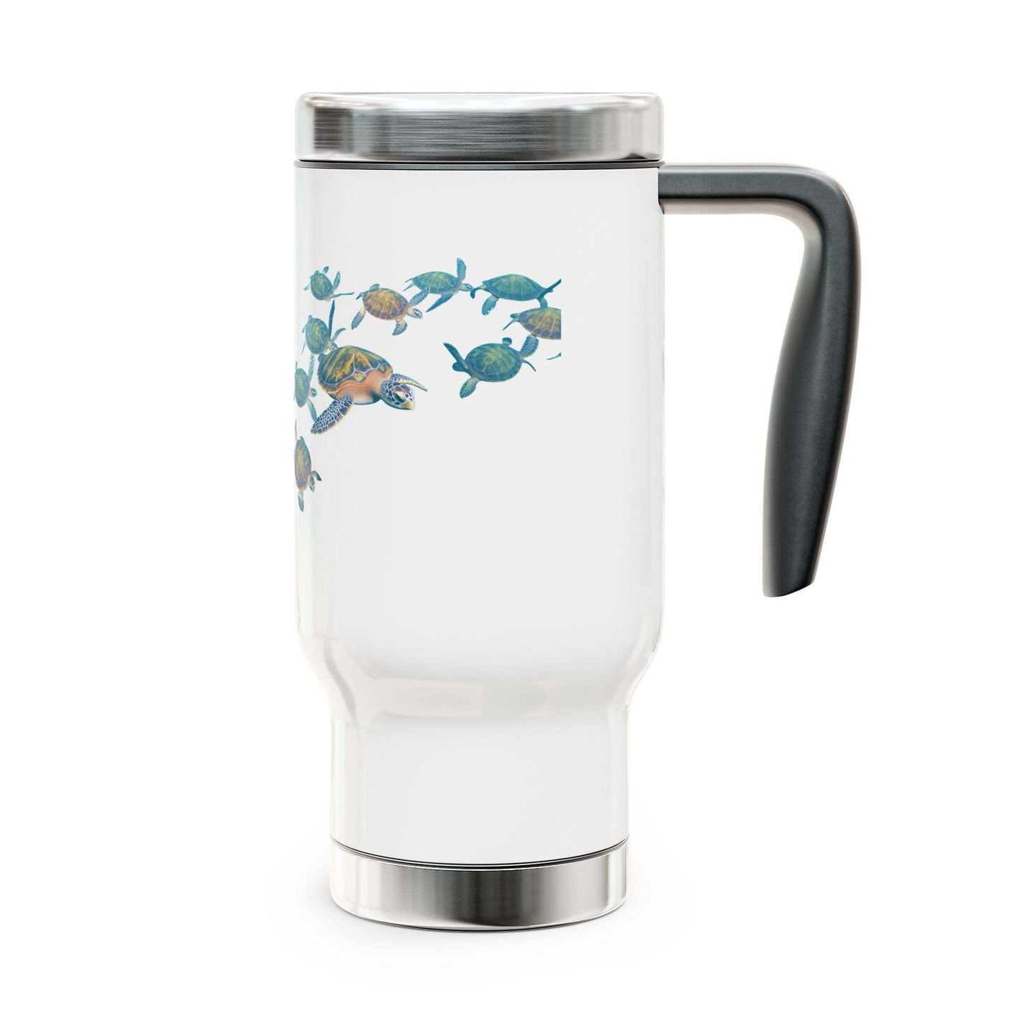 Stainless steel travel mug with handle and turtle design, 14oz, white enamel finish.