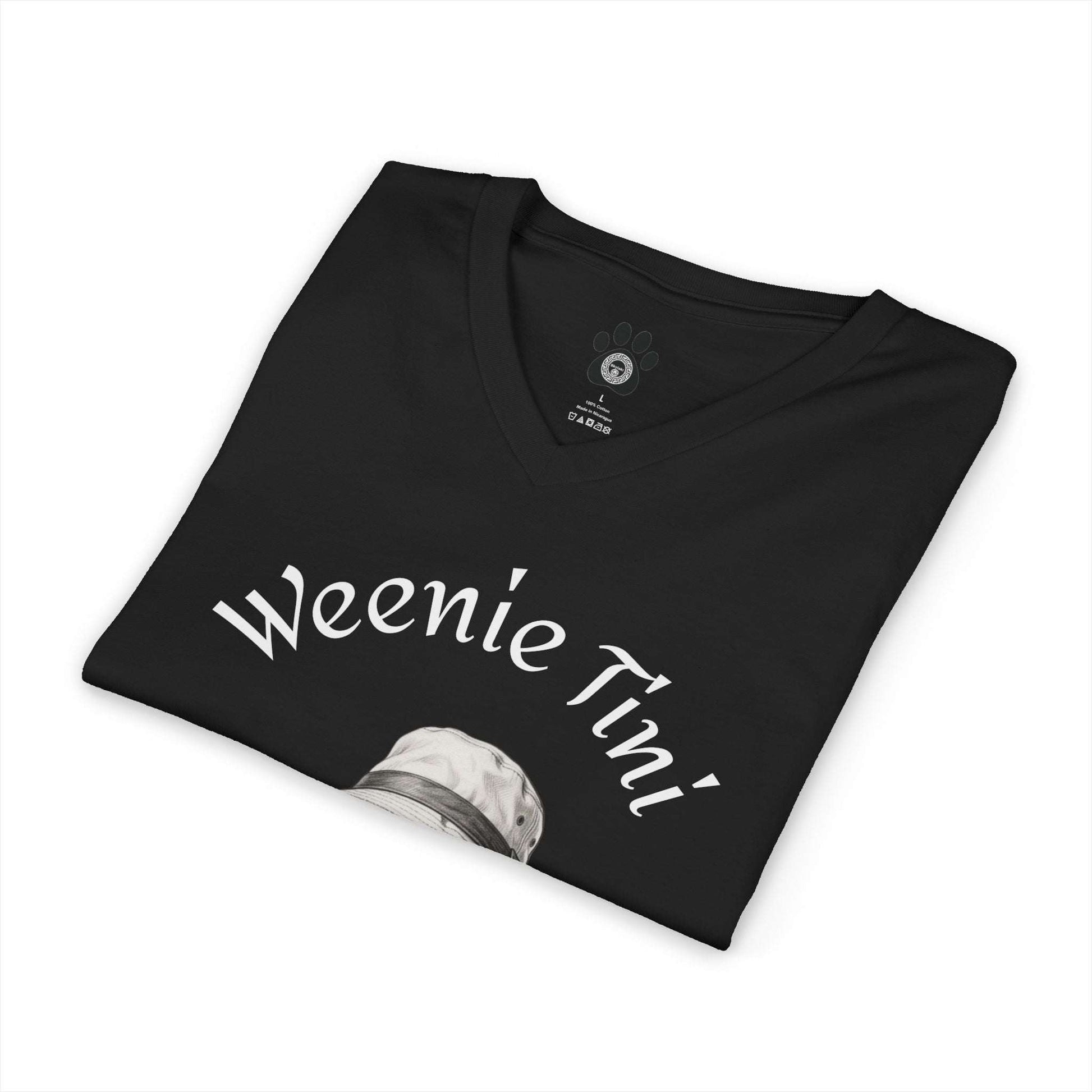 Weenie Tini Dachshund shirt featuring playful dachshund with martini glass on soft V-neck tee