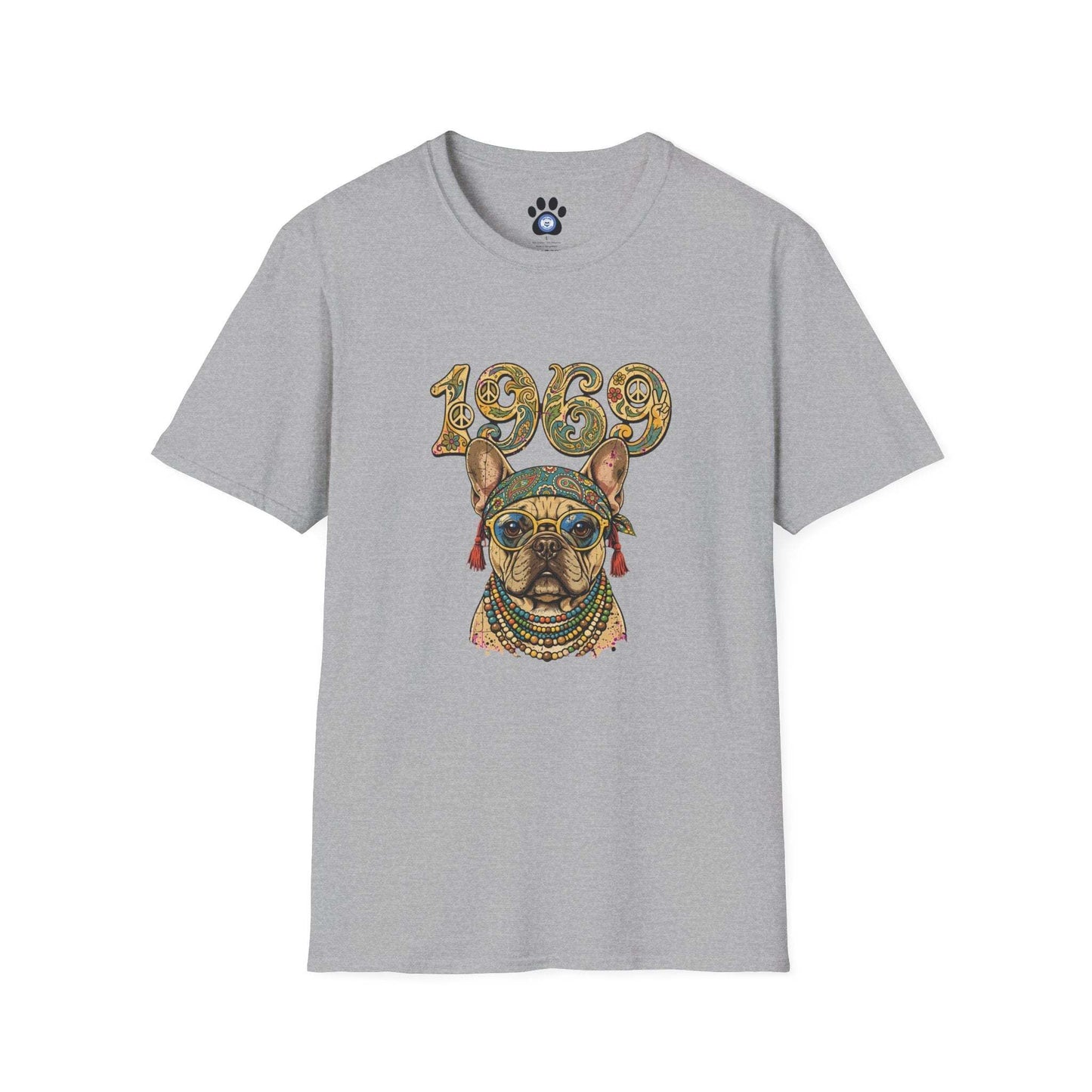 1969 hippie French Bulldog shirt with retro dog and peace signs
