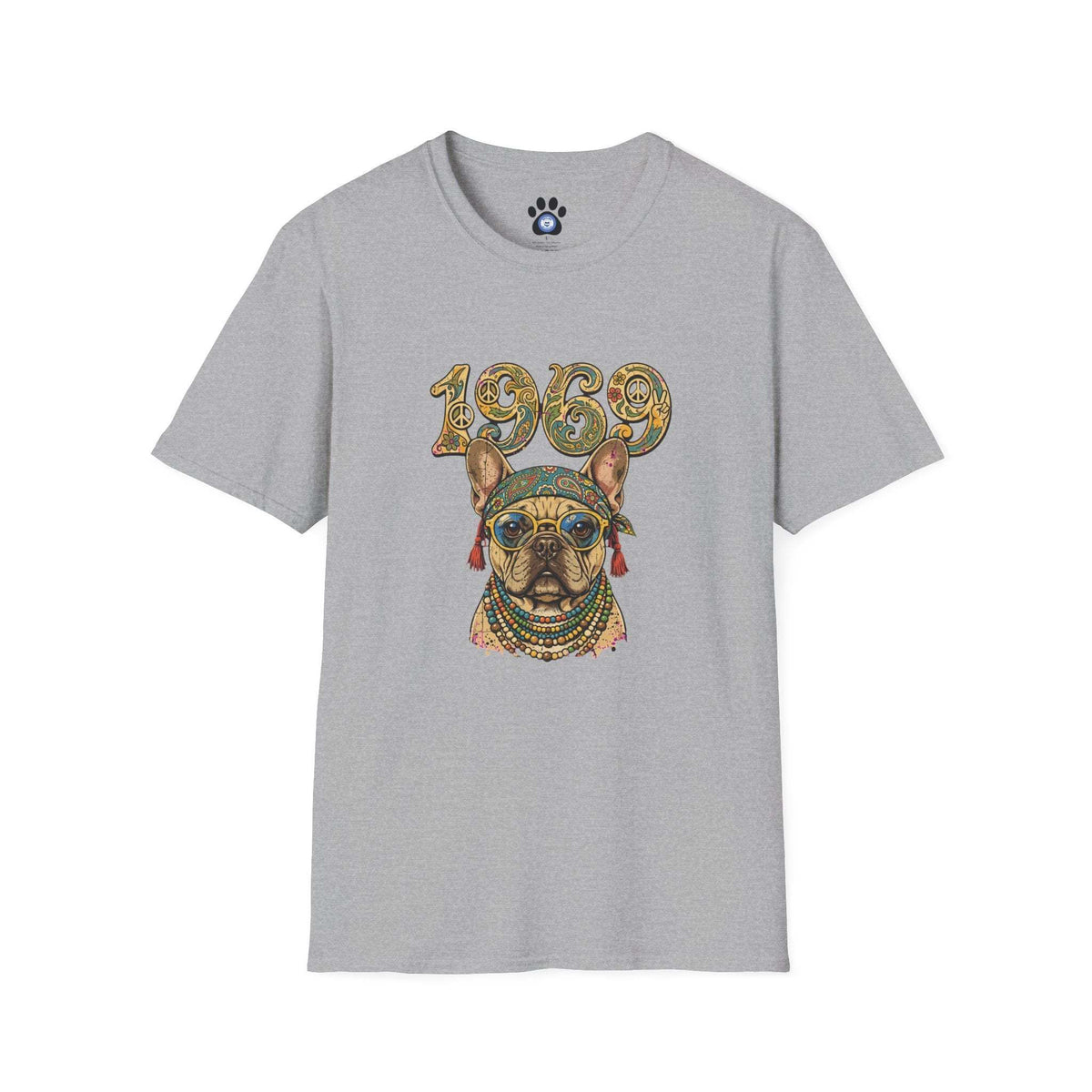 1969 hippie French Bulldog shirt with retro dog and peace signs