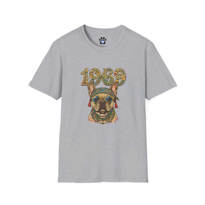 1969 hippie French Bulldog shirt with retro dog and peace signs