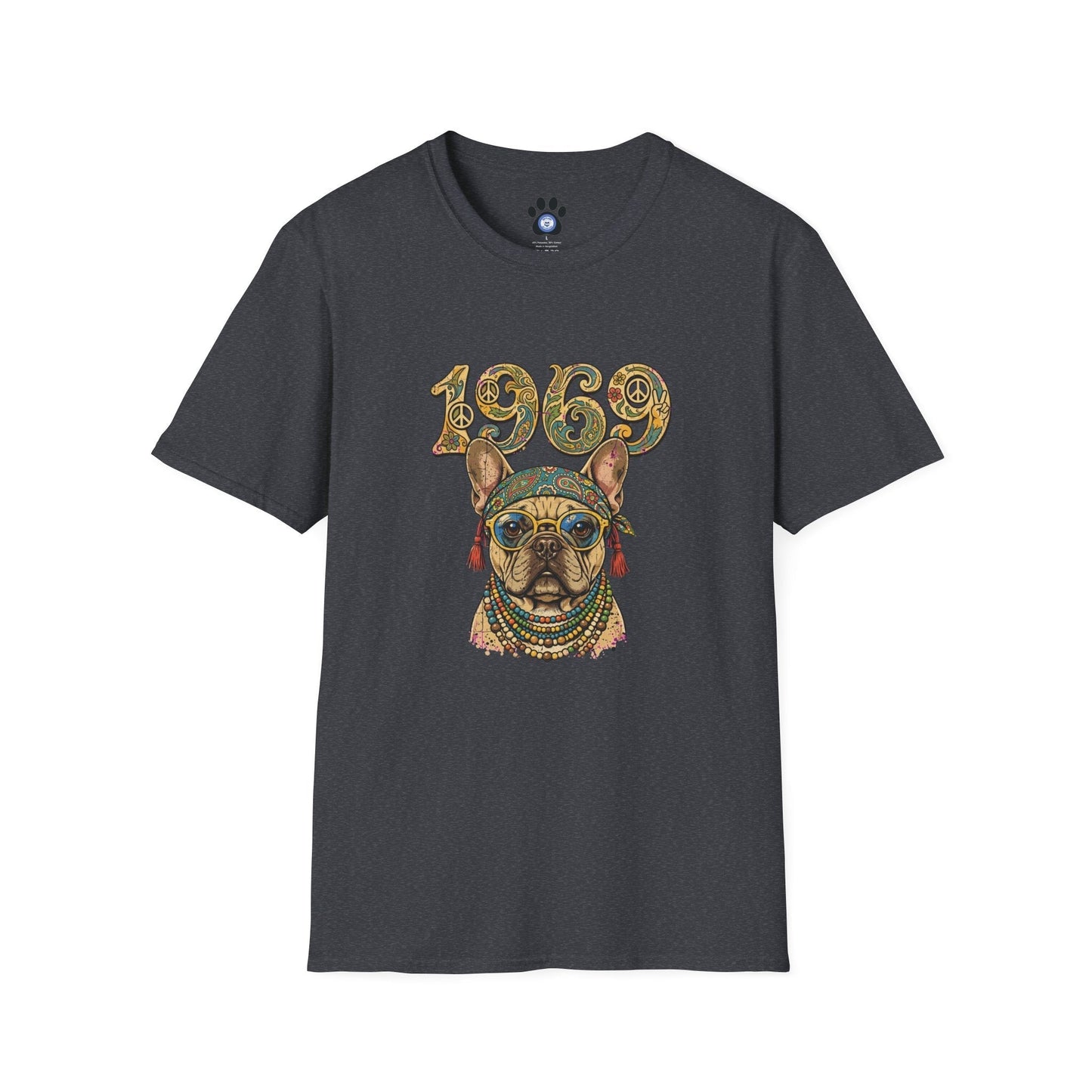 1969 hippie French Bulldog shirt with retro Frenchie and paisley design