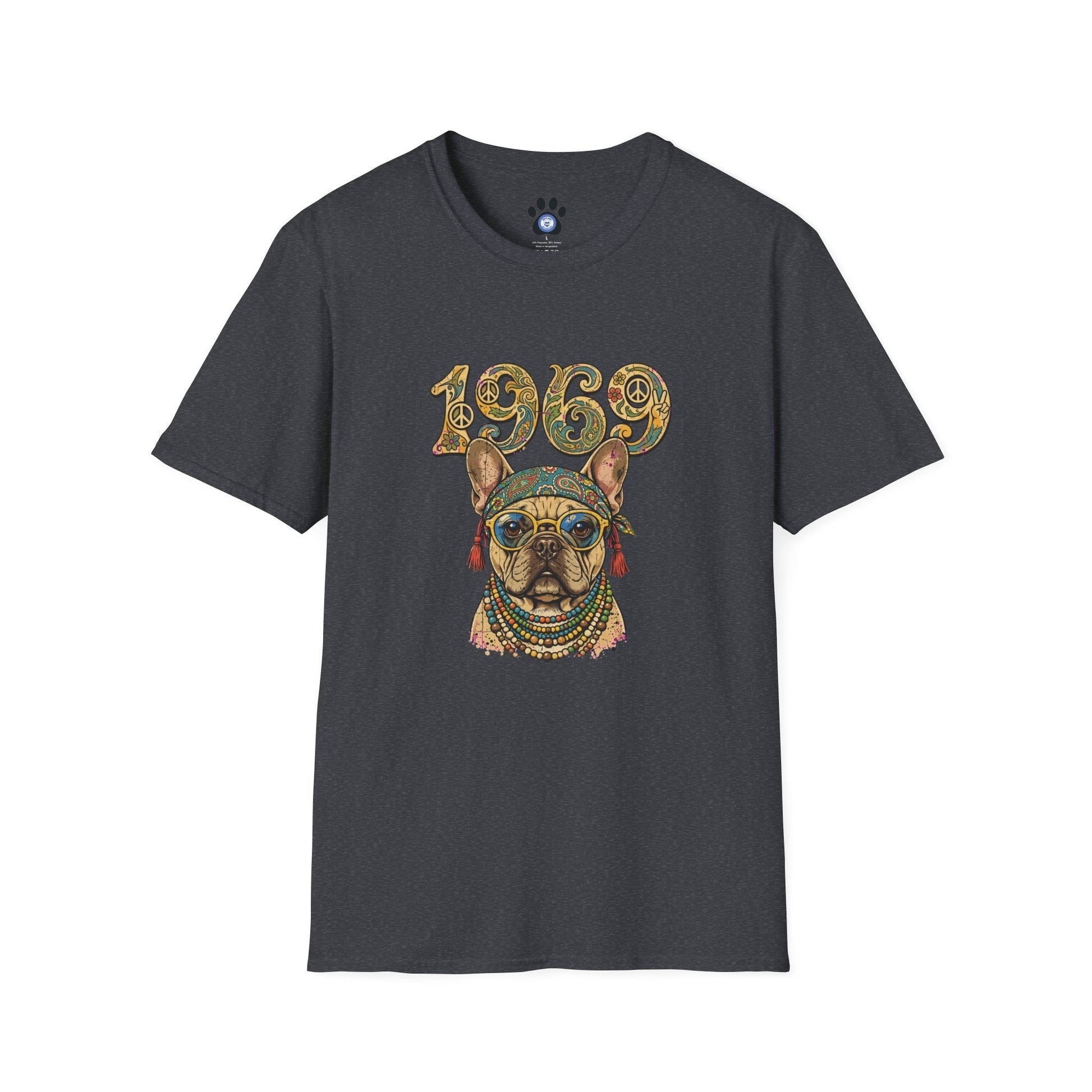 1969 hippie French Bulldog shirt with retro Frenchie and paisley design