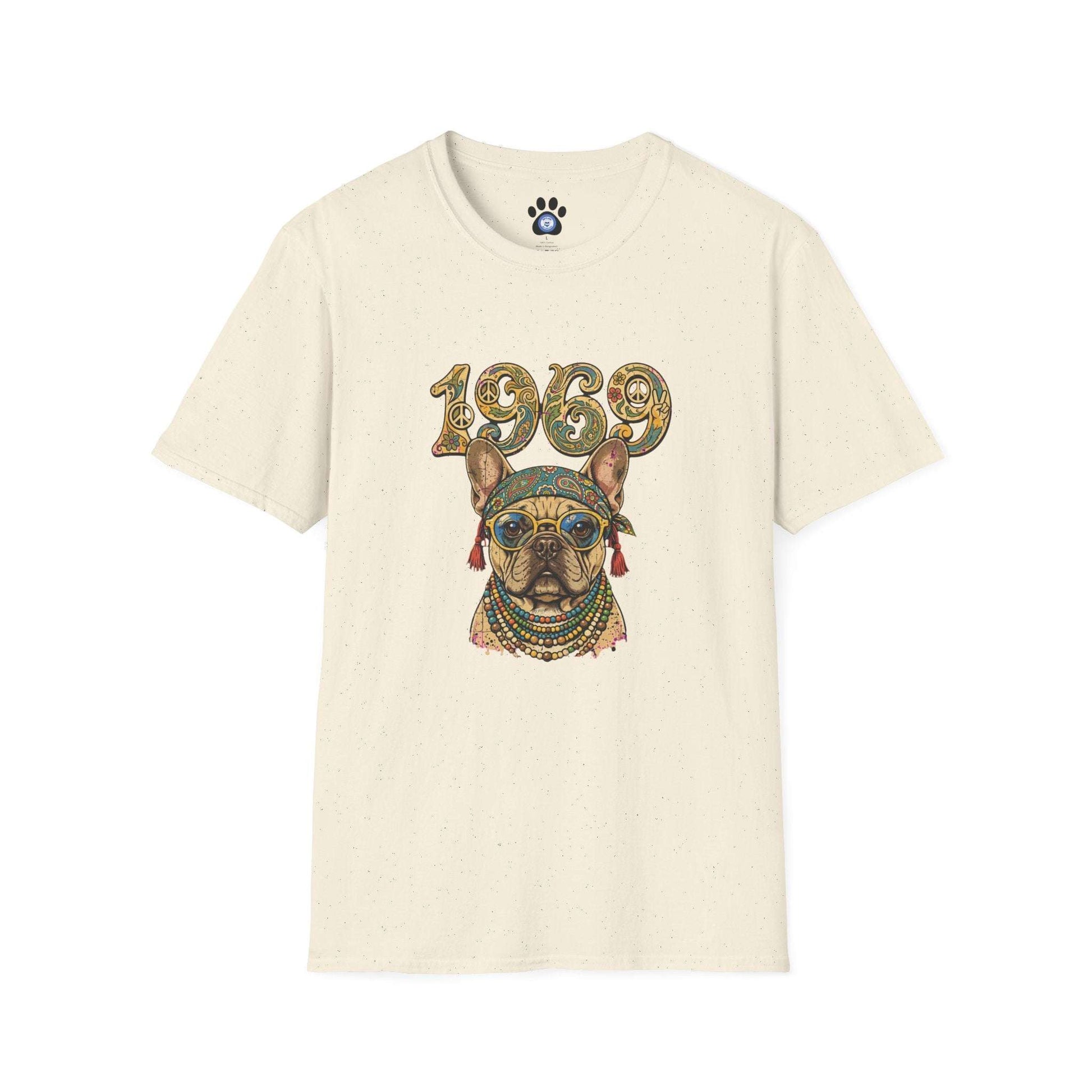 1969 Hippie French Bulldog shirt with retro paisley and peace sign design