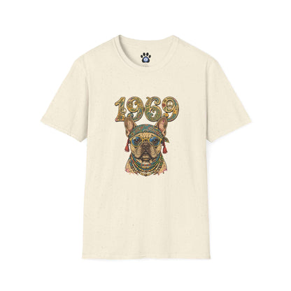 1969 Hippie French Bulldog shirt with retro paisley and peace sign design